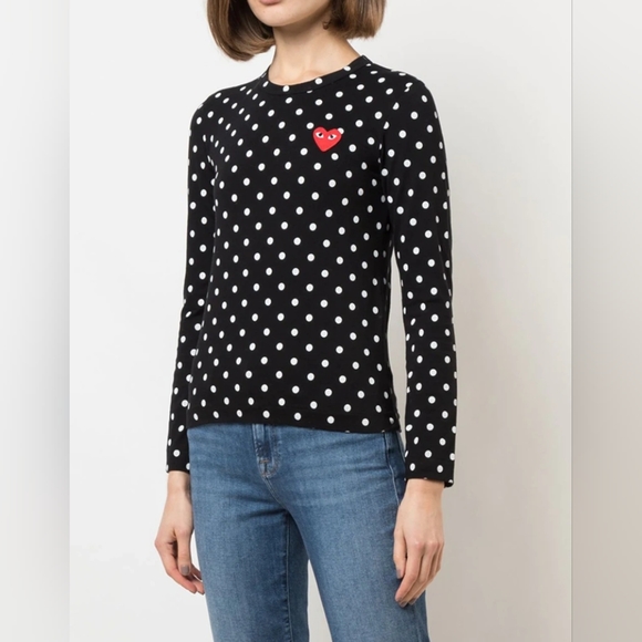 Comme Des Garcons Play Polka Dot Long 100% Cotton Tee Embroidered Heart Size L - Picture 15 of 15